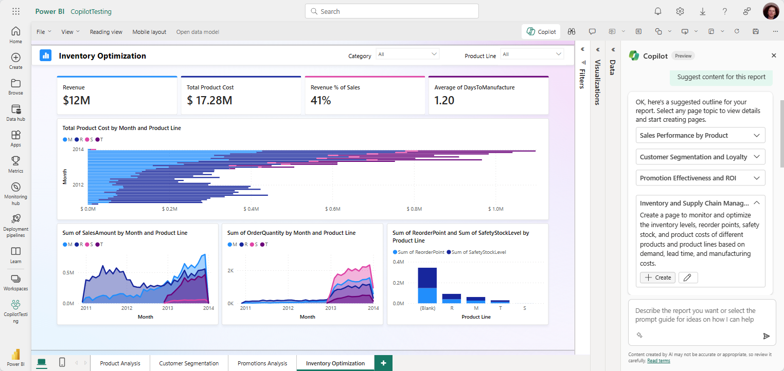 Screenshot showing Copilot sample prompt for Inventory and supply chain management.