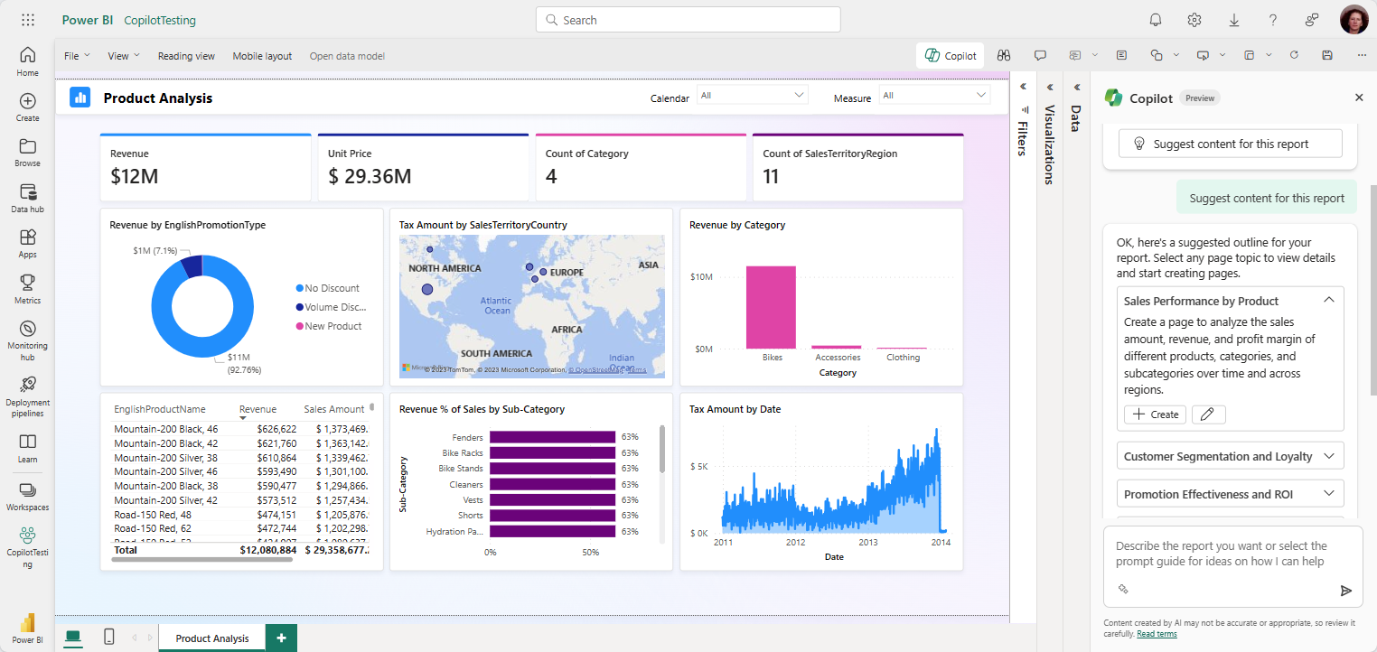 Screenshot showing Copilot sample prompt for sales performance.
