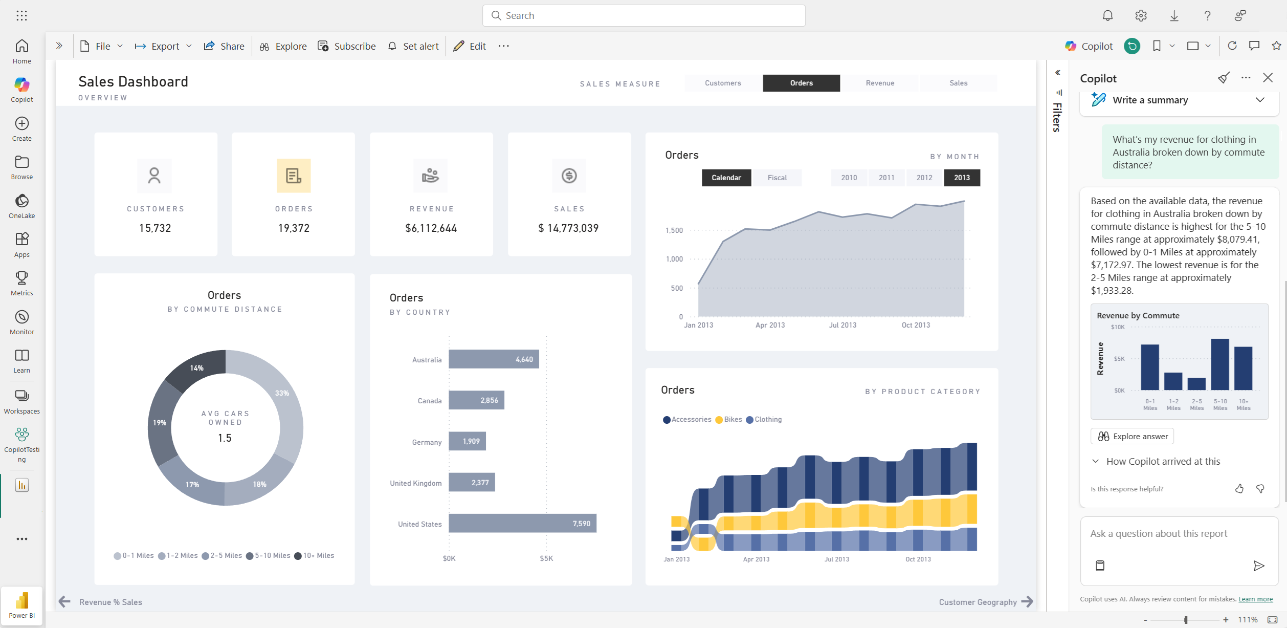 Screenshot of Copilot answering a data question in the Power BI report.