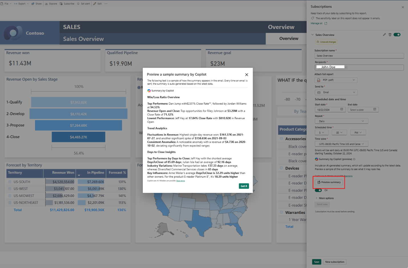 Screenshot of Copilot-generated summary included in a Power BI report subscription email.