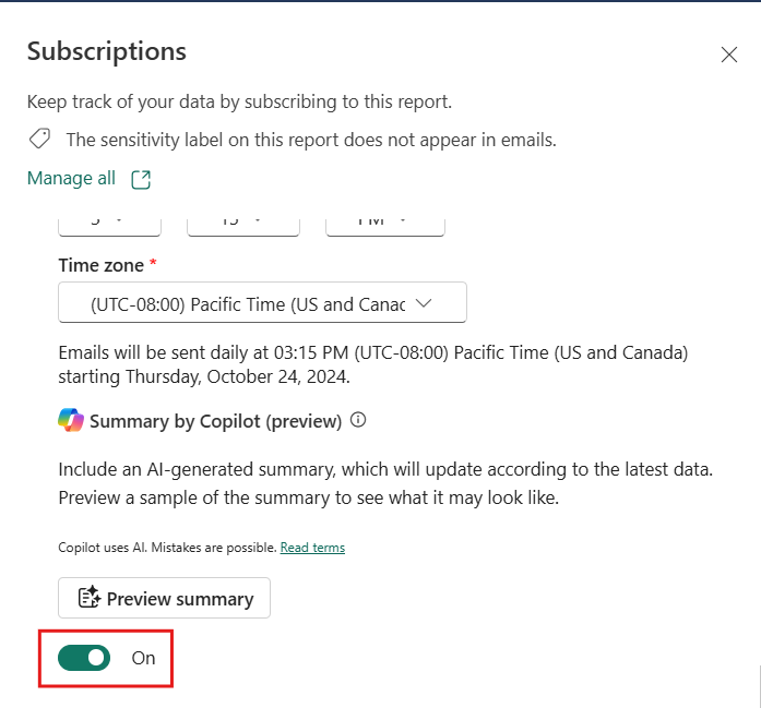 Screenshot showing the opt-out for the summary in the subscription.