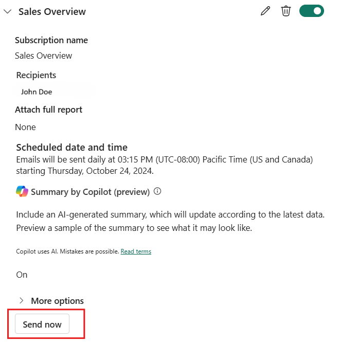 Screenshot showing the send now option.