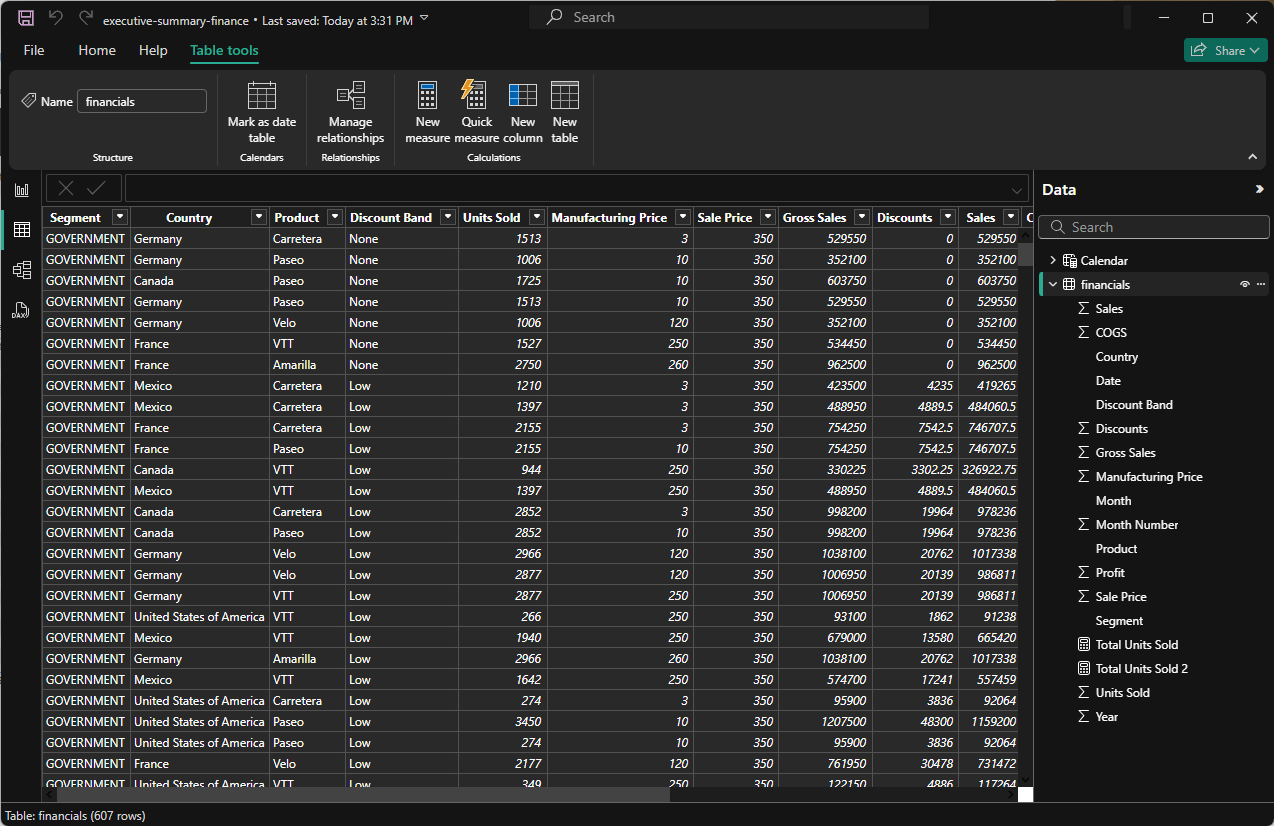Screenshot of Dark mode for table view.