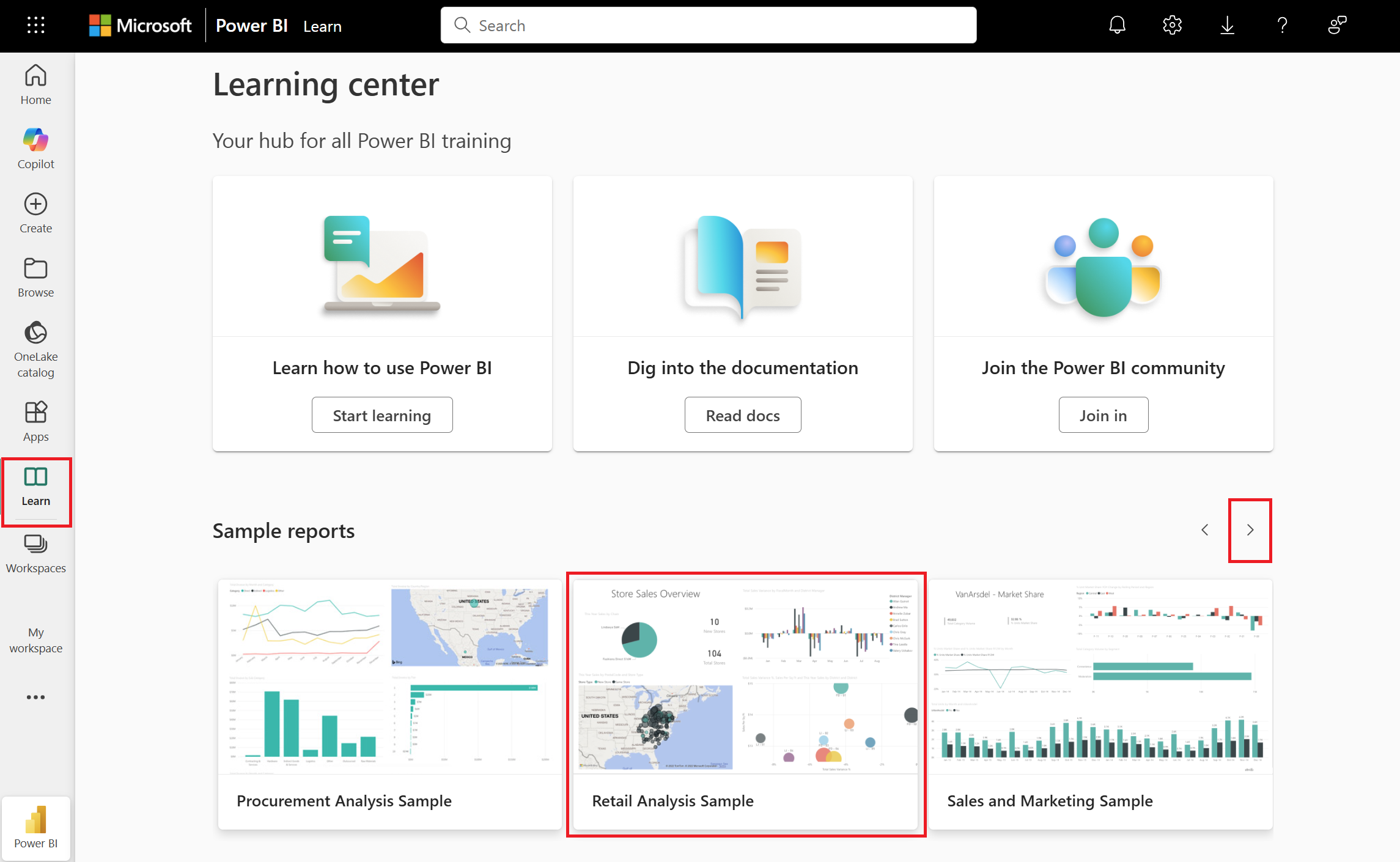 Screenshot shows the Power BI Learning center where you can import samples.