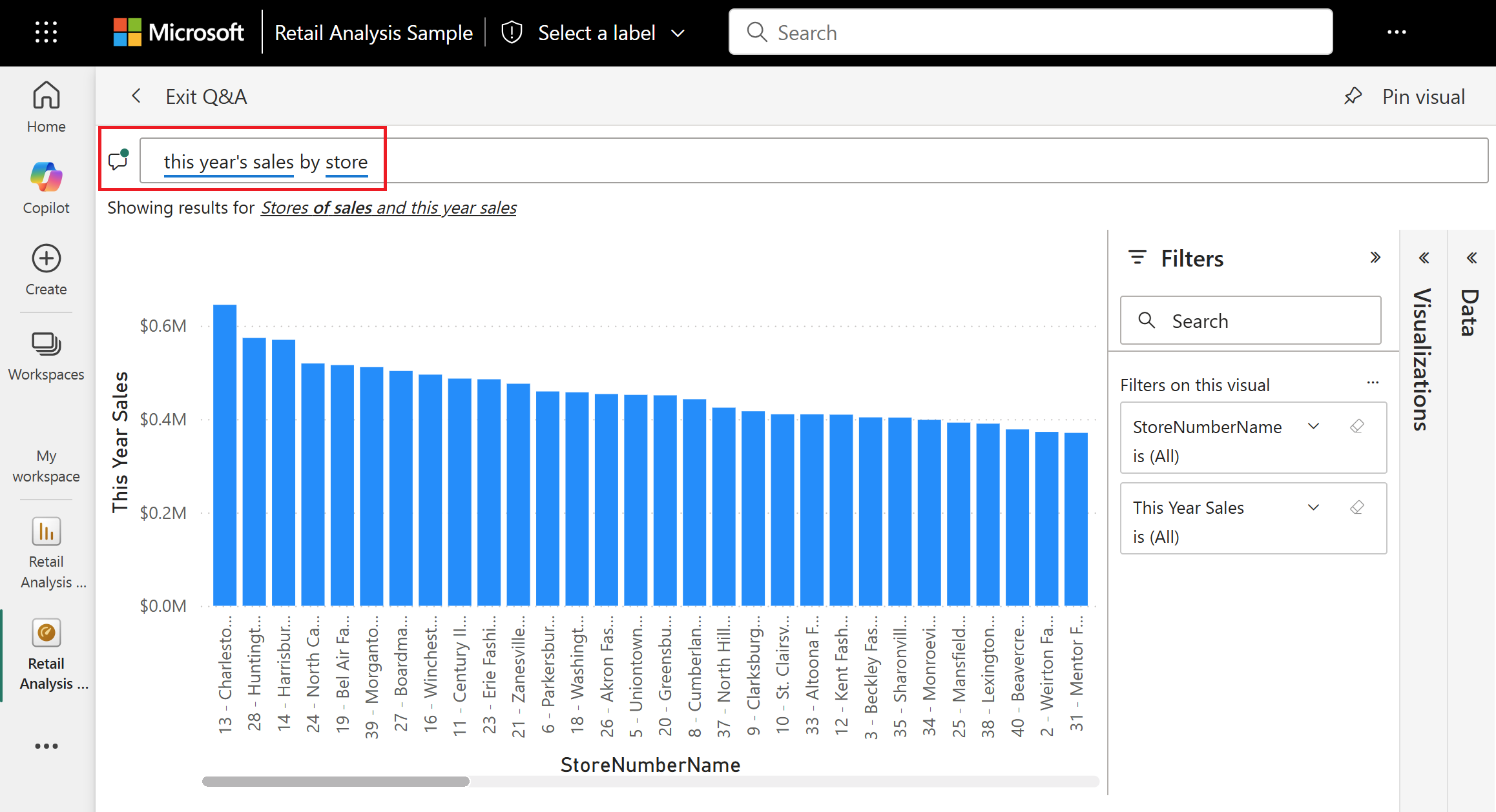 Screenshot showing adding by store to this year's sales text in the Q&A bar.