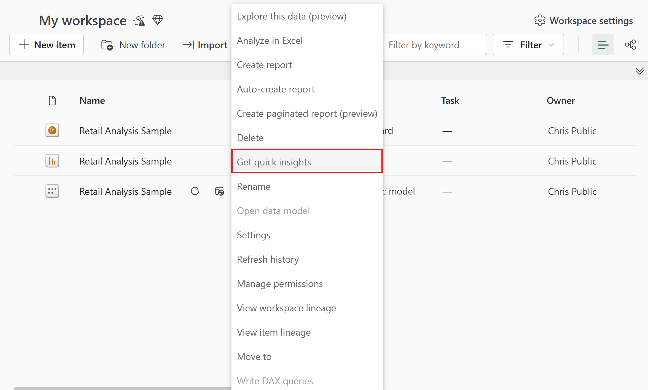 Screenshot showing the Get quick insights option for the Retail Analysis Sample.