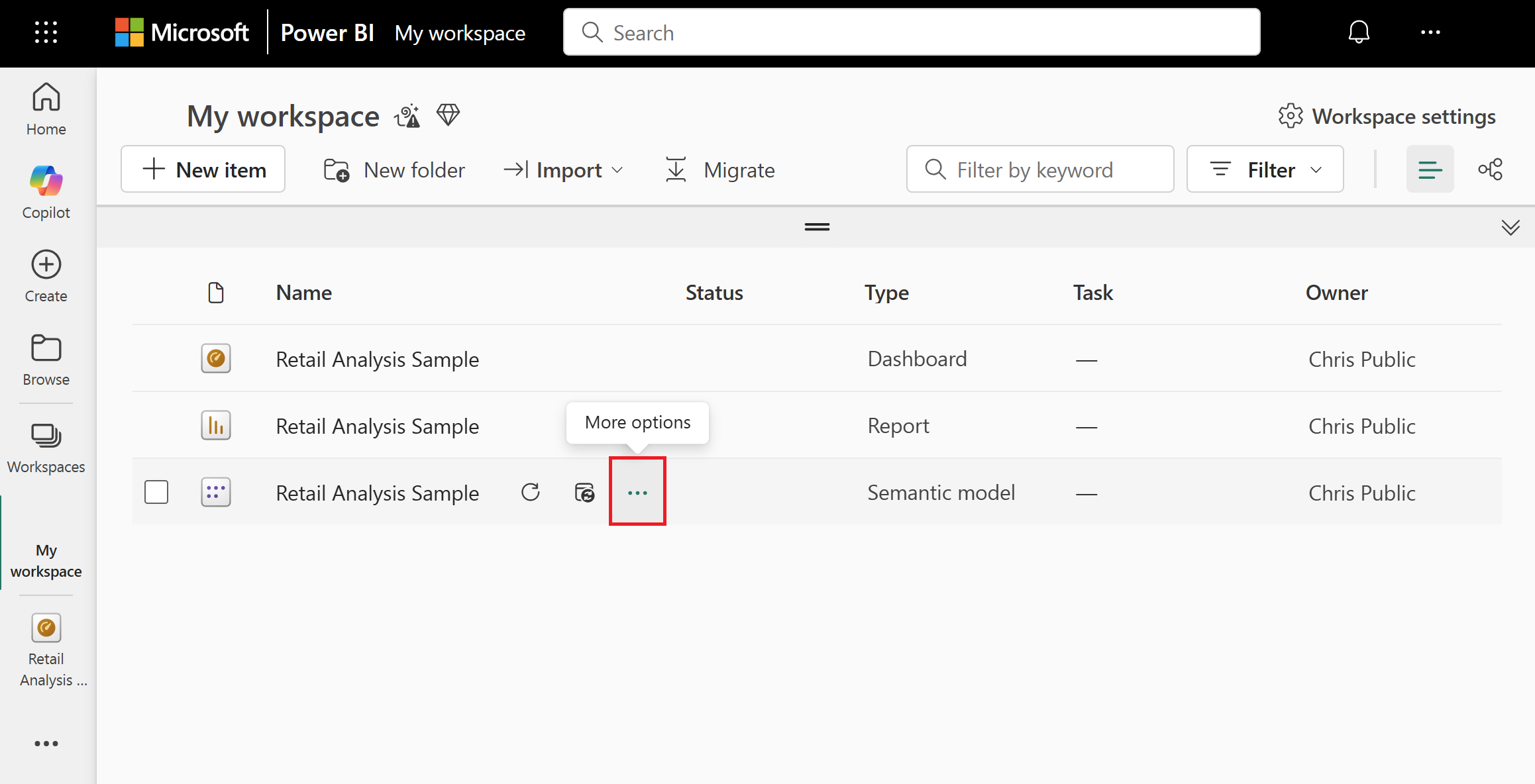 Screenshot showing the ellipsis menu with more options to explore the semantic model.