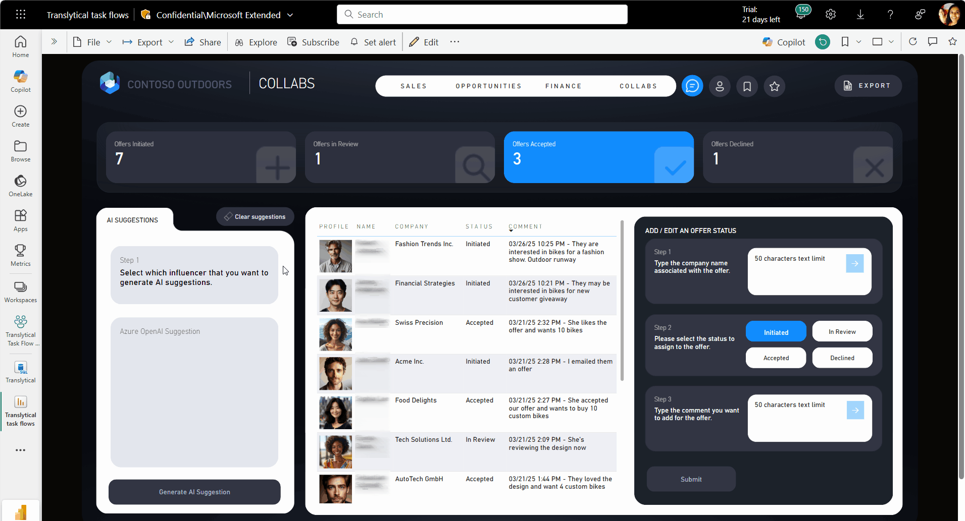Animated gif that shows a sample Power BI report that includes an interactive interface for making a call to Azure OpenAI API.