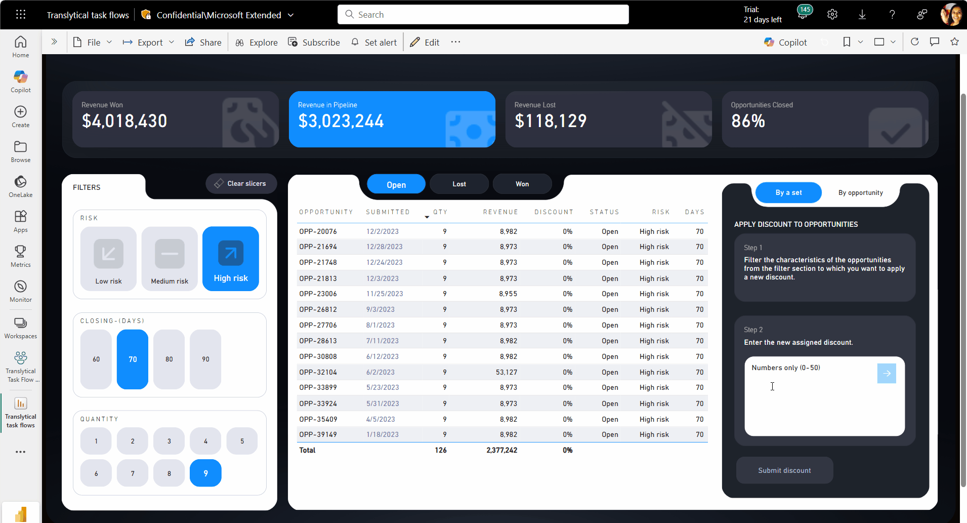 Animated gif that shows a Power BI report that includes an interactive interface for modifying a data record.