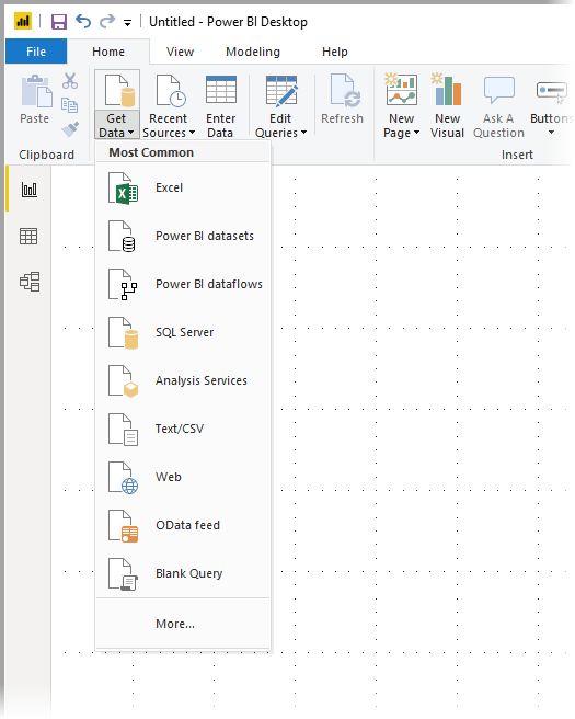 Screenshot that shows the Get data item and the Common data types menu in Power BI Desktop.