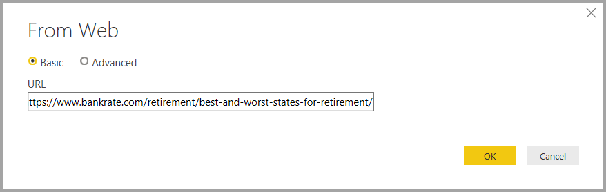 Screenshot that shows a URL in the From Web dialog box.