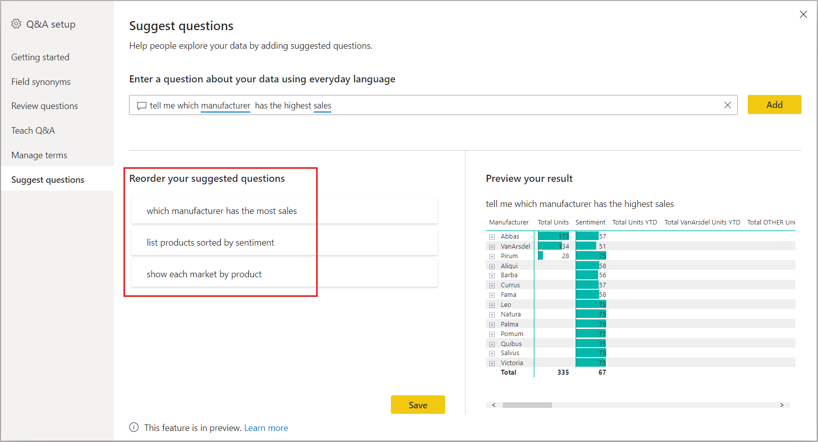 Screenshot of the Suggest questions page with the section called Reorder your suggested questions highlighted.