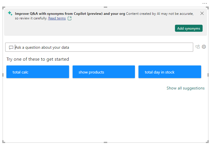 Screenshot of the Q and A visual banner encouraging users to get synonyms.