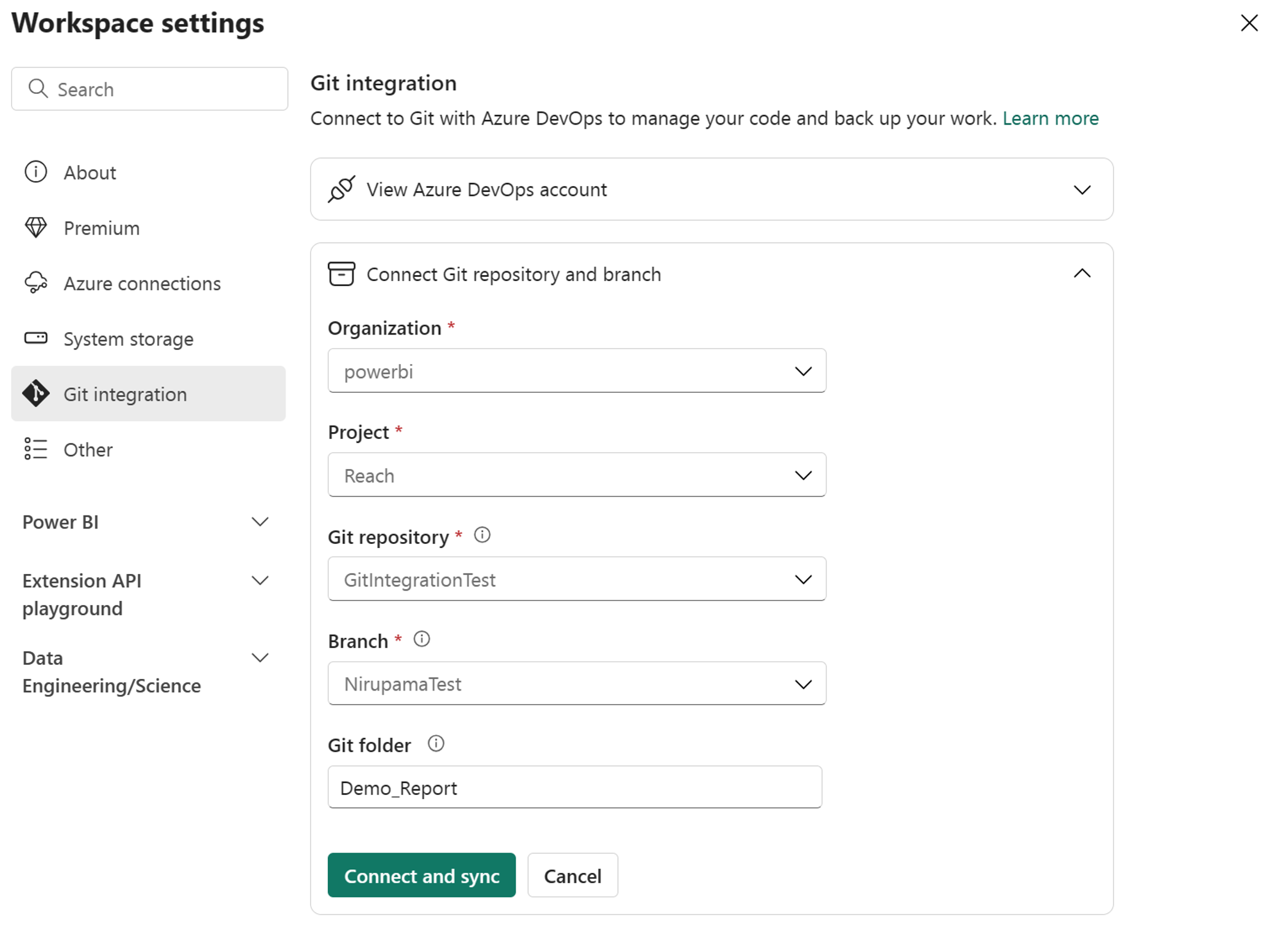 Screenshot of the information to connect to workspace.