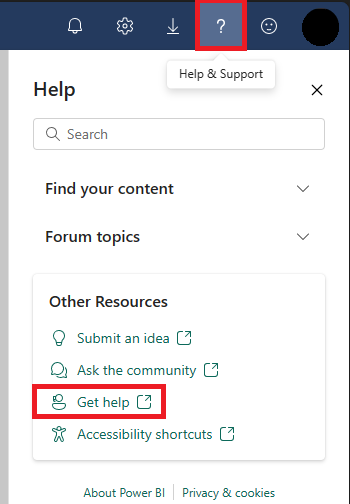 Screenshot of the Help Menu in Power BI service, with the Get Help option highlighted.