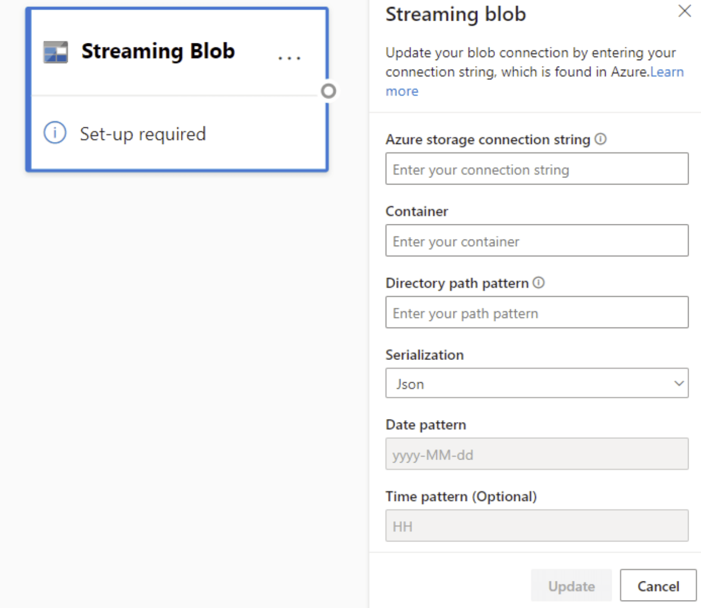 Screenshot that shows the Streaming blob card and configuration pane in diagram view