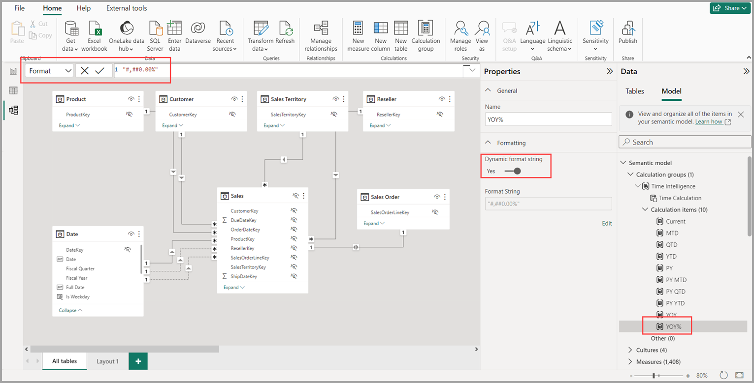 Screenshot of changing format of underlying data items.
