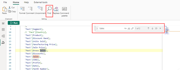 Screenshot of the find button in the DAX query view ribbon.
