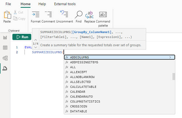 Screenshot of the DAX query editor intellisense.