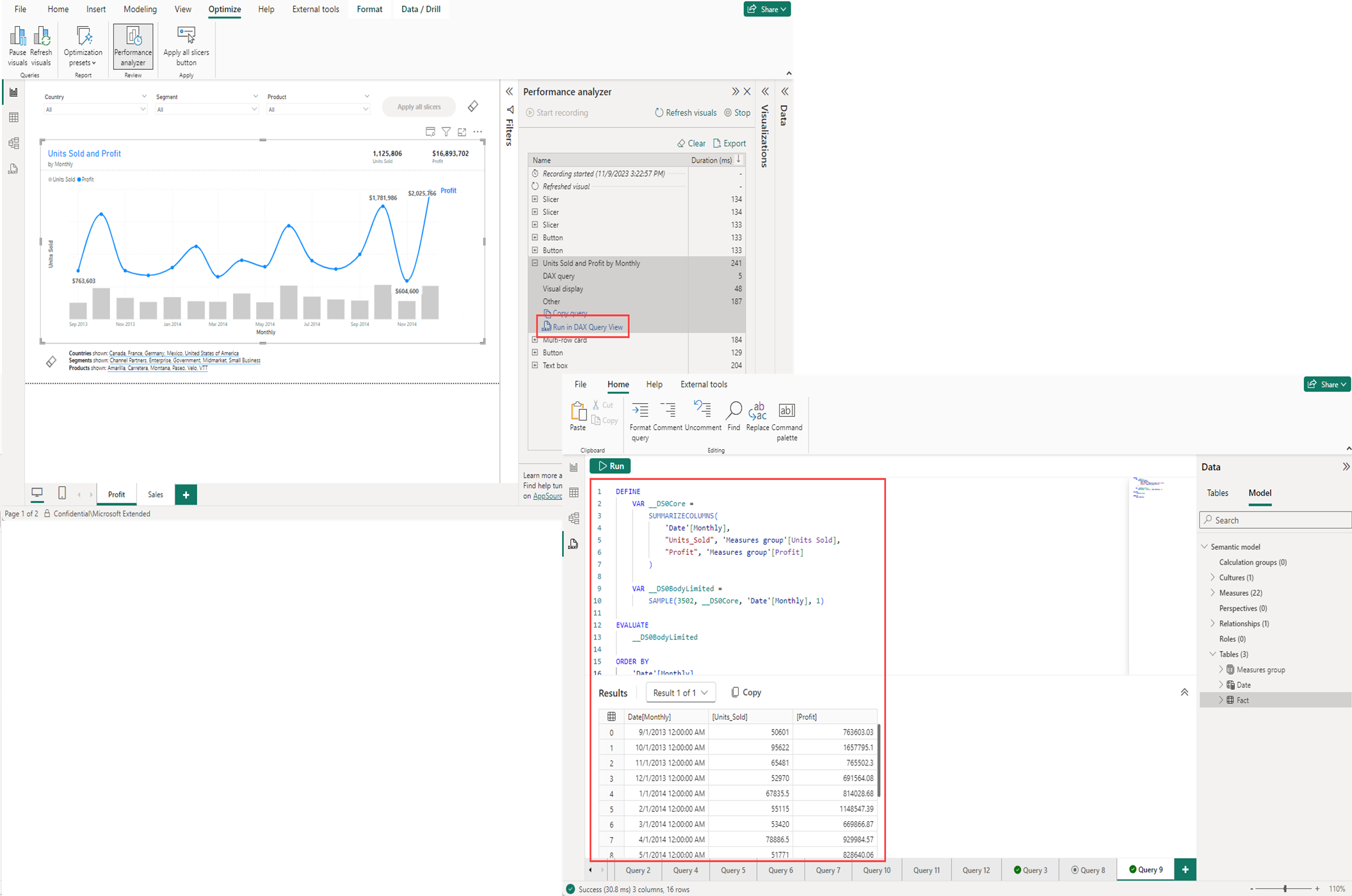 Screenshot of visual DAX queries in the Performance Analyzer feature.