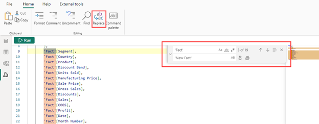 Screenshot of the Replace capability in the DAX query view ribbon.