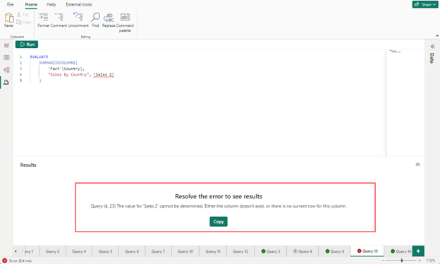 Screenshot of the error message in the results grid.