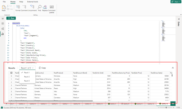 Screenshot of the results grid.
