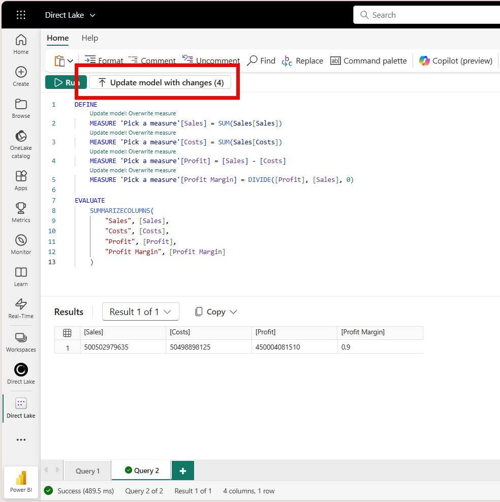 Screenshot of the Update model with changes button available in DAX query view.