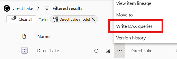 Screenshot of the Write DAX queries entry point in the context menu of a semantic model.