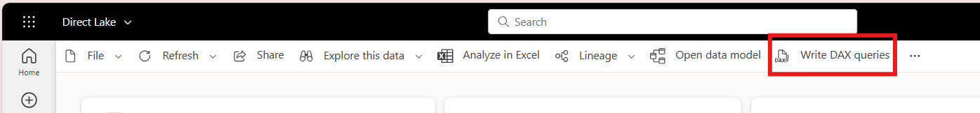 Screenshot of the Write DAX queries entry point in the details page of semantic model.