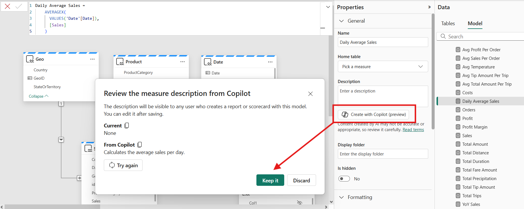 Screenshot showing Copilot suggested measure description.