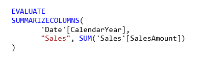 Screenshot that shows the text of a query that refers to both the Date table and the Sales table.