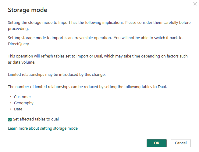 Screenshot of a window that describes the effect of changing the storage mode to Import, with an option for setting dimension tables to Dual mode.