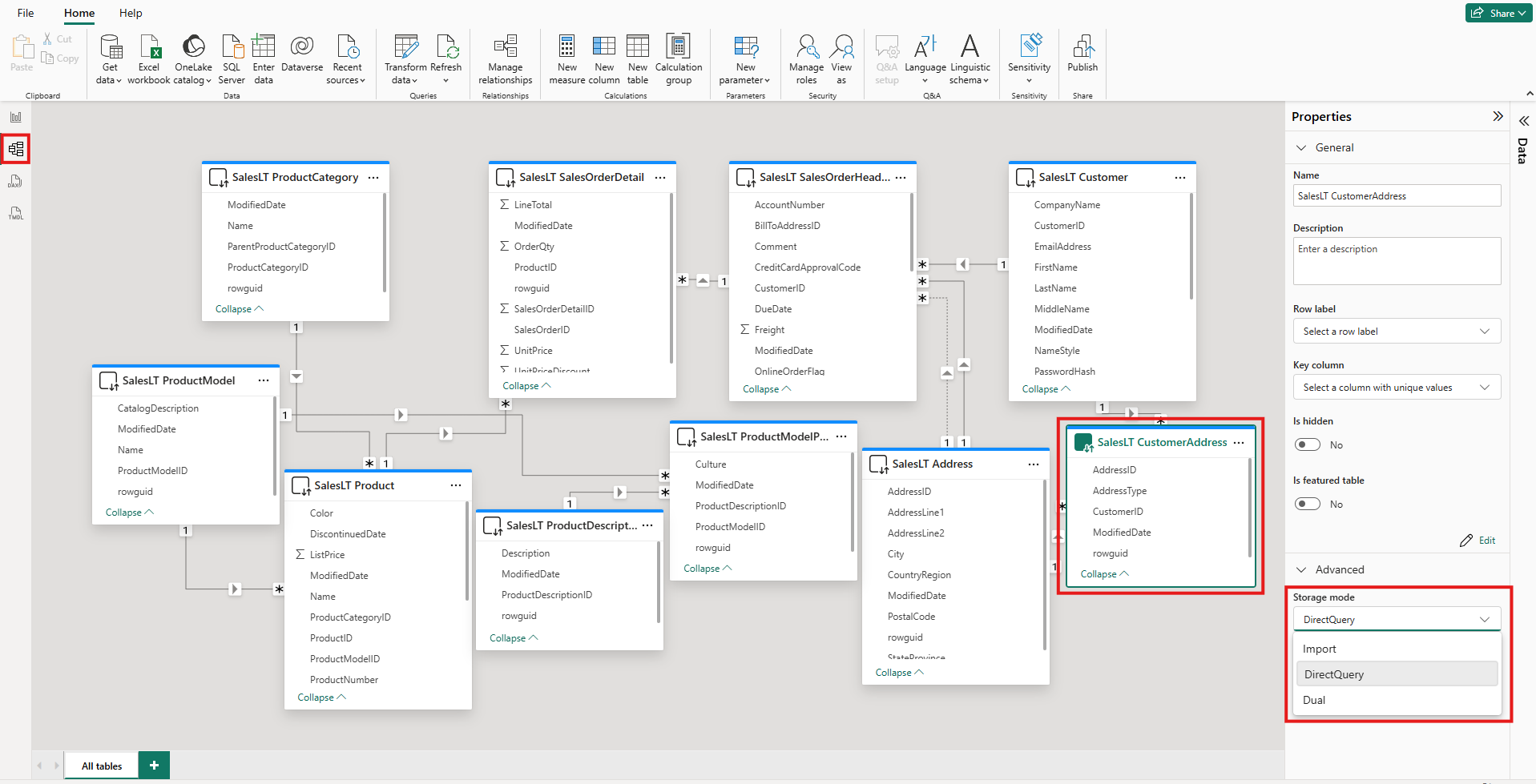 Screenshot of the Model view in Power BI Desktop. One table is highlighted. Under Properties, the Storage mode list is expanded and highlighted.