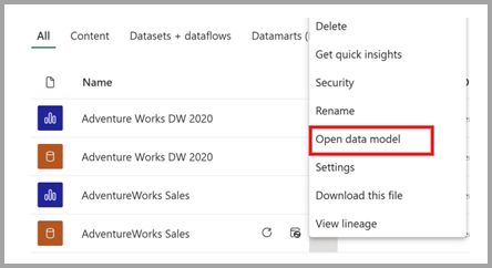 Screenshot of opening the data model from the more options menu.