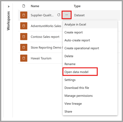 Screenshot of opening the data model from the data hub content list.