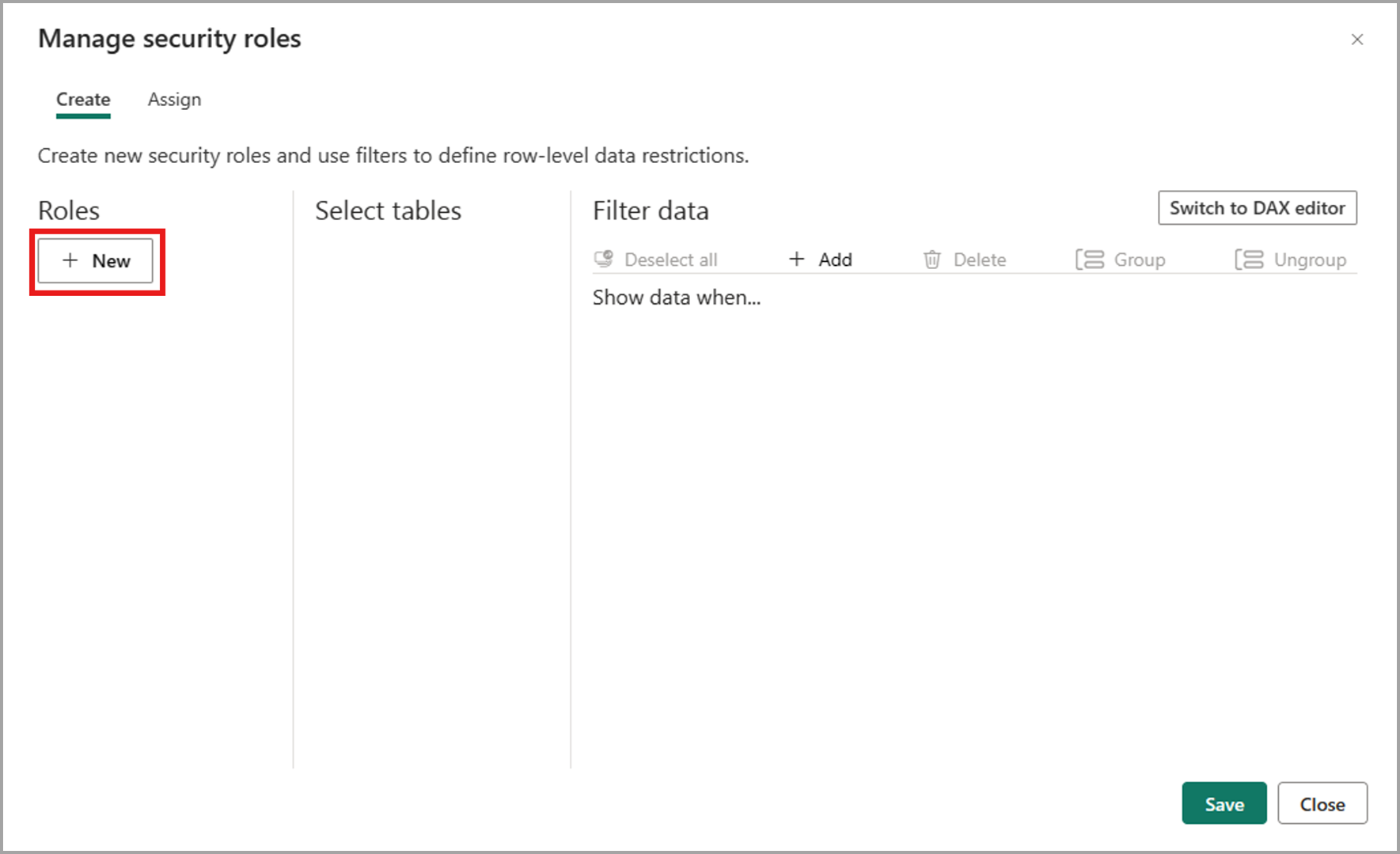 Screenshot of selecting new from manage security roles.