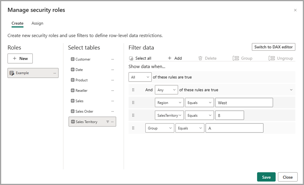 Screenshot of selecting filter data for security roles.