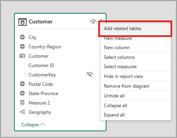 Screenshot of selecting add related tables menu item.
