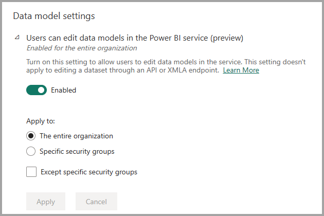 Screenshot of the admin portal setting enabled for editing semantic models in the service.