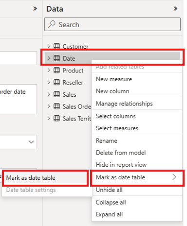 Screenshot of mark as date table entry from the Data pane.