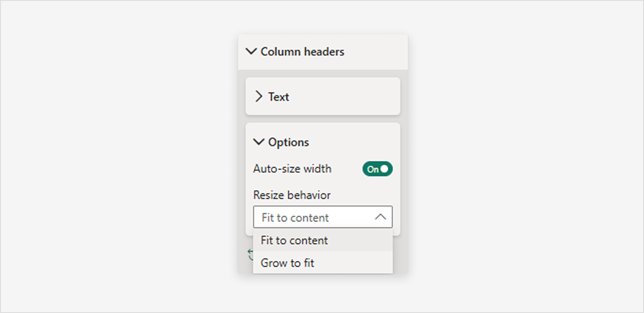 Screenshot of Columns headers card expanded, Options are expanded, autosize width is enabled, and resize behavior dropdown displaying Fit to content and Grow to fit.