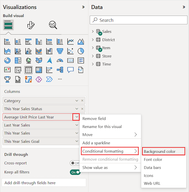 Screenshot of how to open the Conditional formatting menu for a selected column in the Visualizations pane.