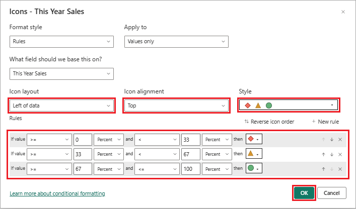 Screenshot of how to configure icons to represent data for a selected table column.