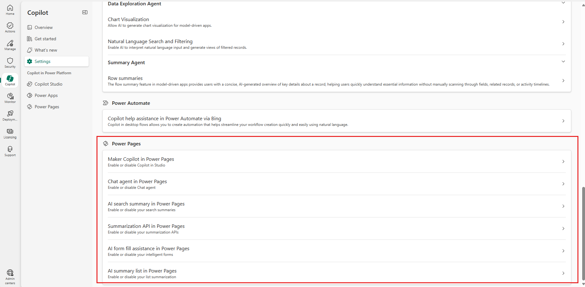 Screenshot of governance controls for AI features in Power Pages.