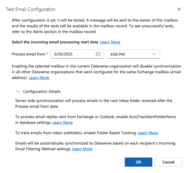 Test email configuration, select start date, and view configuration details.