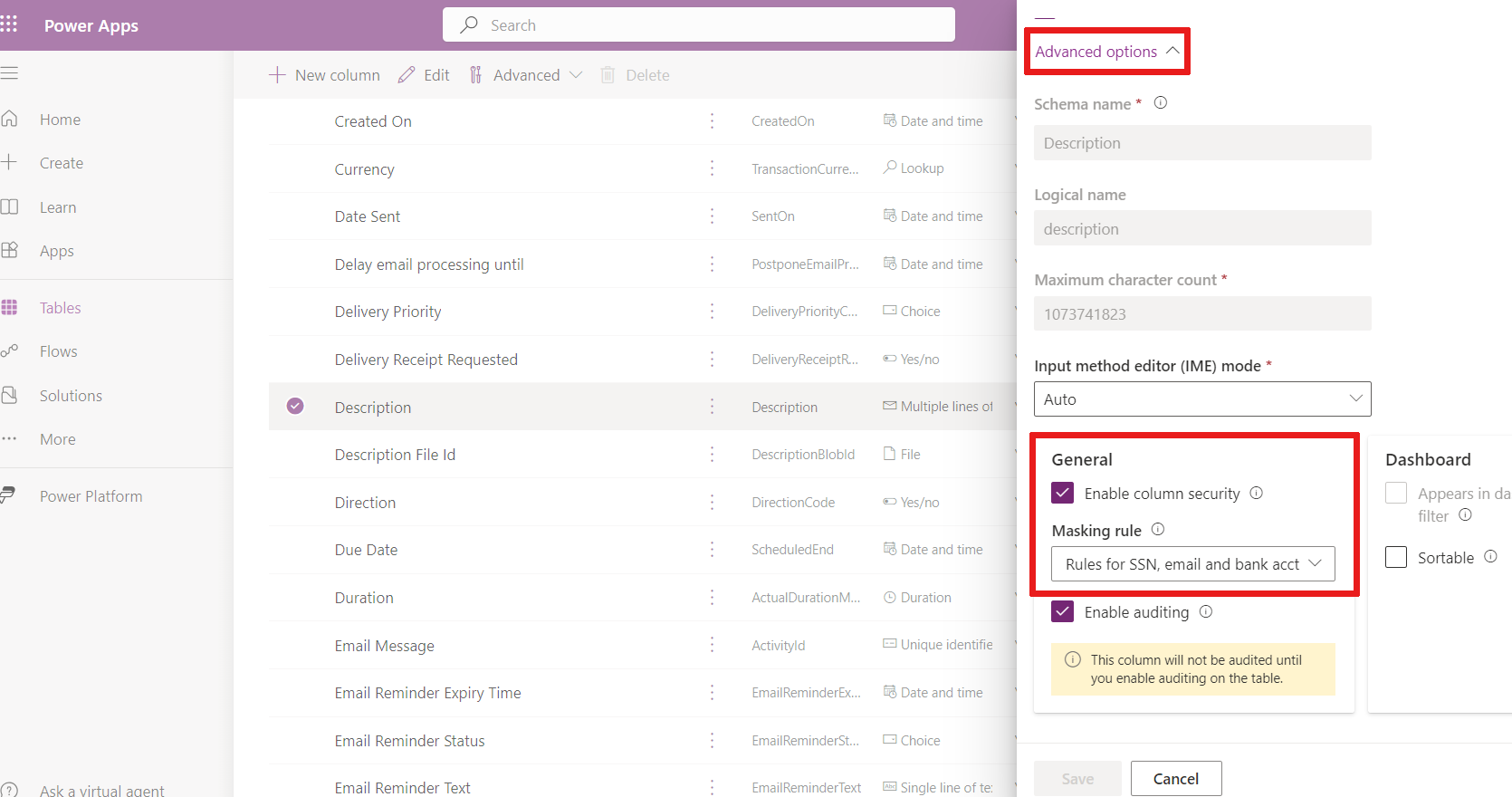 Screenshot showing the components that need to be selected in the Edit column pane.