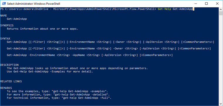 Screenshot that shows usage of the Get-Help command.