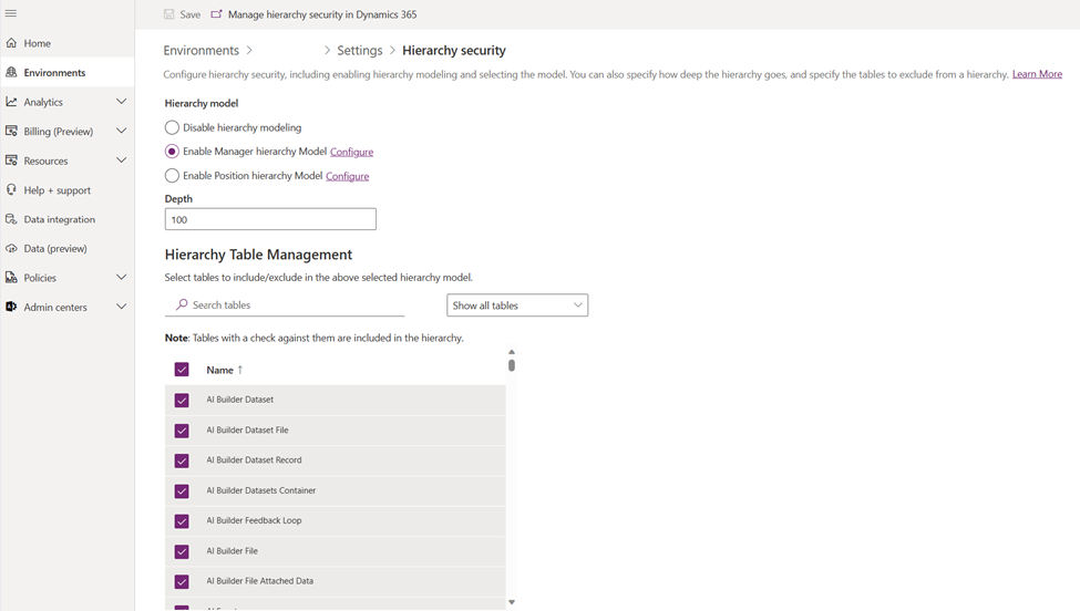 Screenshot of the Hierarchy Security page in Settings for Environments.
