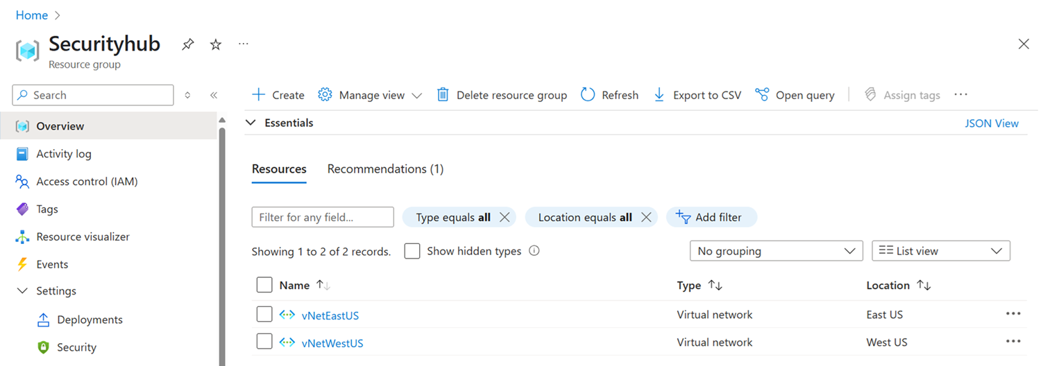 Screenshot of virtual networks in your Azure resource group.